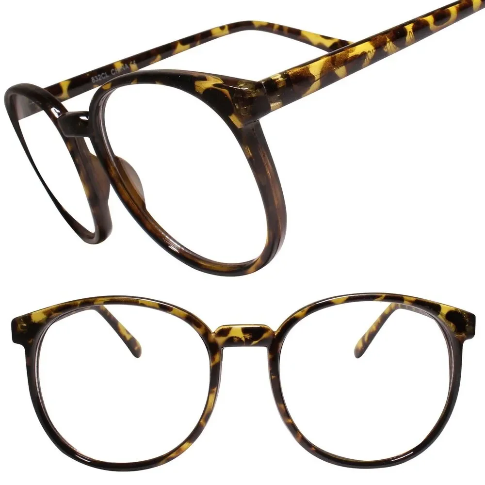 Oversized Round Tortoise Clear Lens Glasses Retro Women's